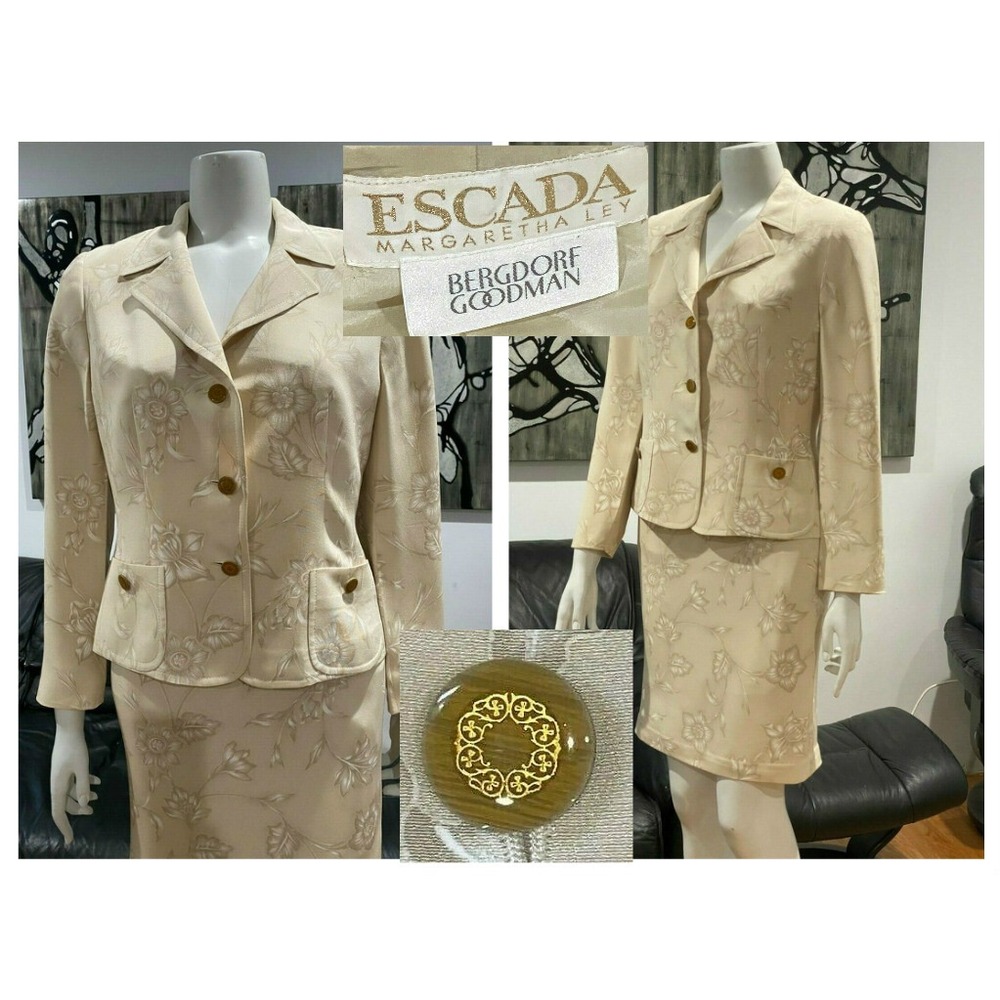 ESCADA MARGARETHA LEY VINTAGE SILK FLORAL BEIGE JACKET SKIRT SUIT 38 8 🌸